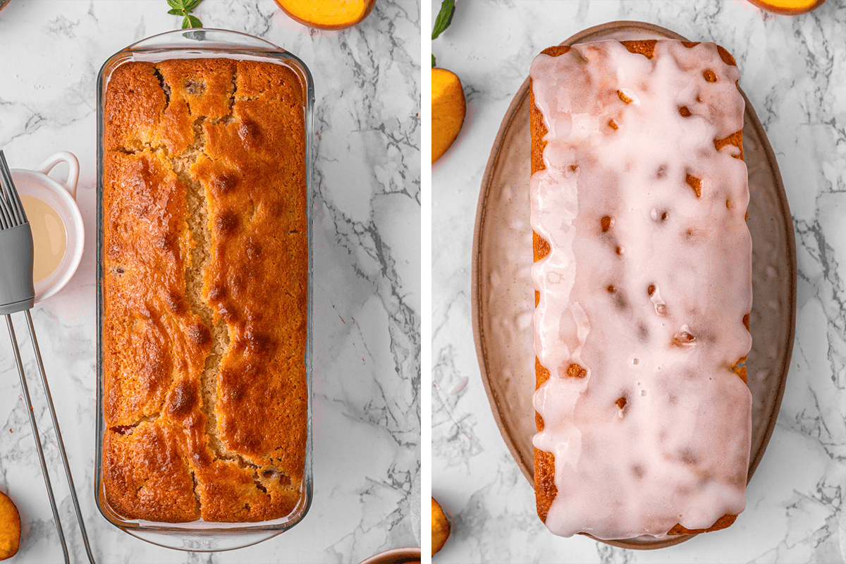 Step-by-Step Photos for Raspberry Peach Loaf Cake Two images: on the left, a golden-brown loaf cake in a glass pan; on the right, the same loaf topped with a shiny white glaze, placed on an oval plate.
