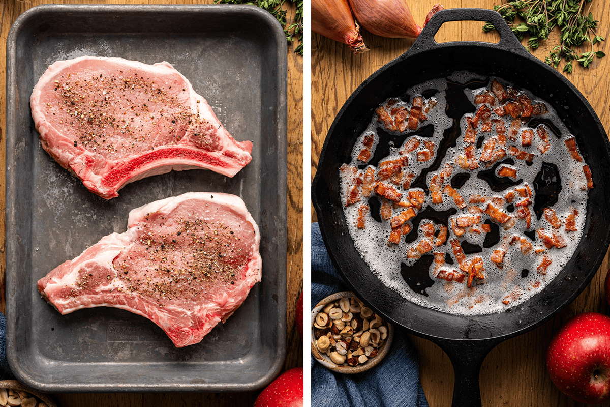 How to Make Pork Chops with Apples Seasoning 2 bone-in pork chops with salt and pepper; then cooking chopped bacon in a cast iron skillet.