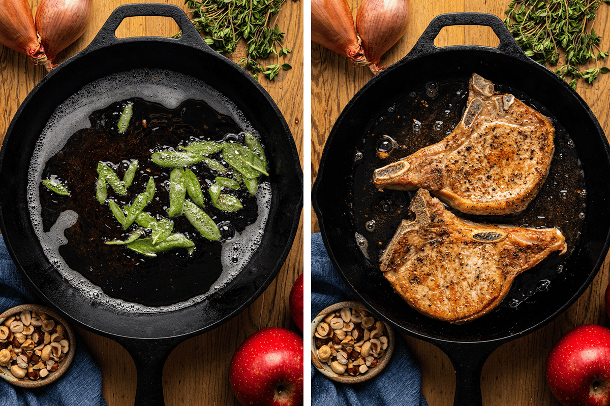 How to Make Pork Chops with Apples Frying sage leaves in bacon fat; then searing pork chops in a cast iron skillet.