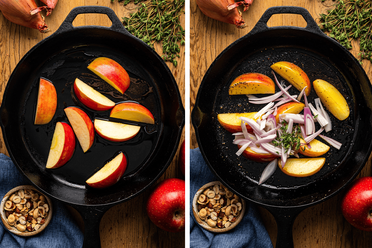 How to Make Pork Chops with Apples Cooking apple wedges in a cast iron skillet; then adding fresh thyme and sliced shallot to the apples in the skillet.