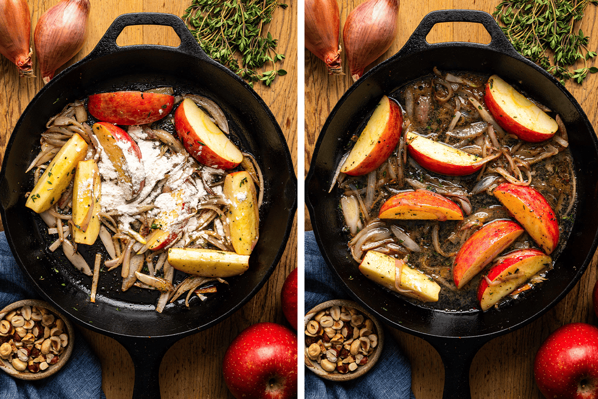 How to Make Pork Chops with Apples Sprinkling flour over the apples and shallots mixture in a cast iron skillet; then pouring wine into the skillet.