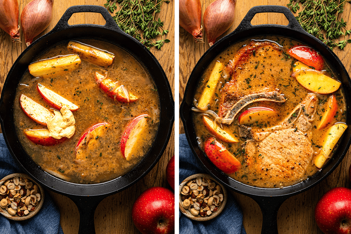 How to Make Pork Chops with Apples Stirring apple cider and Dijon mustard into the sauce with apples in a cast iron skillet; then nestling seared pork chops into the sauce and simmering in a cast iron skillet.