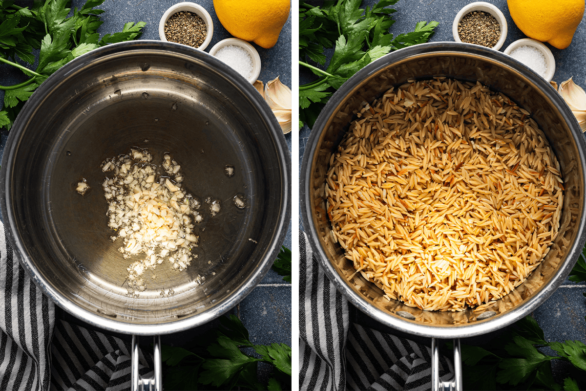 How to Cook Orzo Cooking minced garlic with olive oil in a saucepan, then stirring in the orzo to toast it.