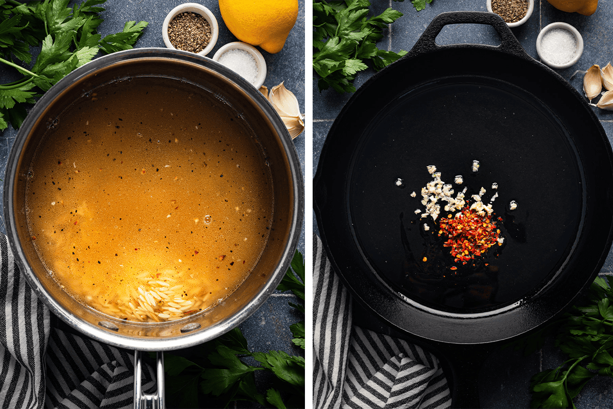 How to Cook Orzo Simmering broth and orzo in a saucepan; in a cast iron skillet, cooing garlic and chili flakes.