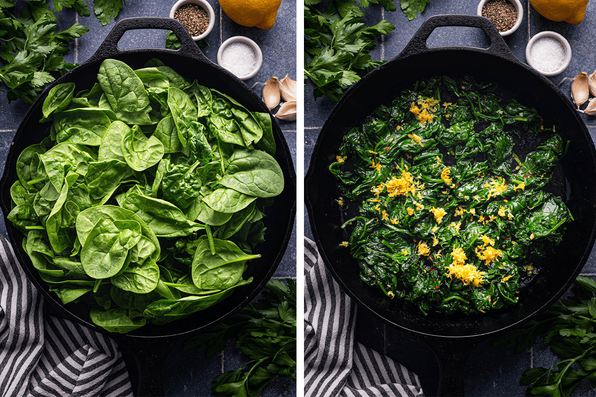 How to Cook Spinach Adding fresh spinach to the cast iron skillet; adding lemon zest to wilted spinach in a cast iron skillet.