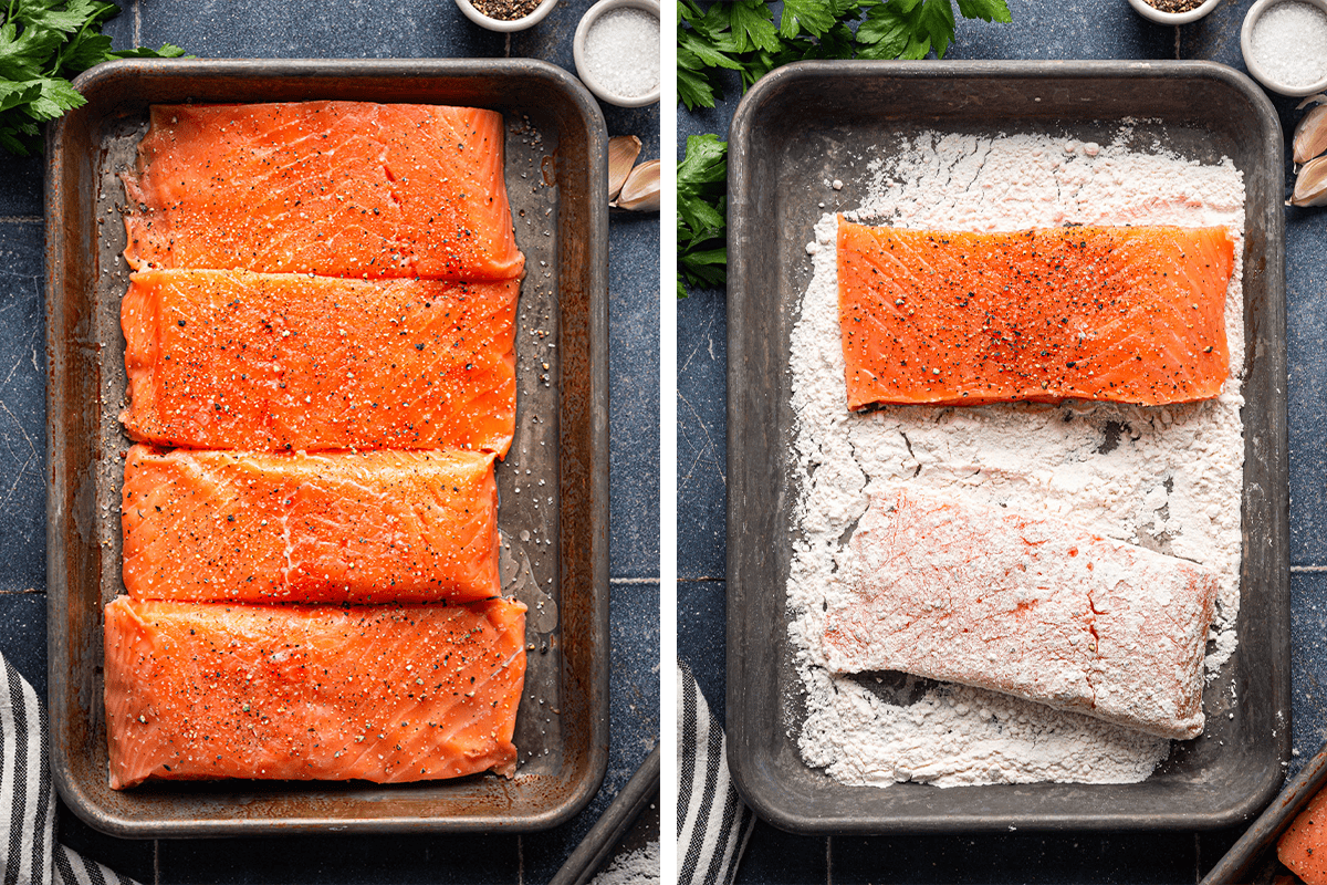 How to Make Salmon Piccata Arranging 4 salmon fillets in a dish and dusting them with flour.