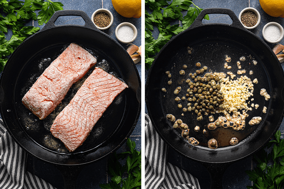 How to Make Salmon Piccata Searing floured salmon in a cast iron skillet; then cooking minced garlic and capers in the same, now empty, cast iron skillet.