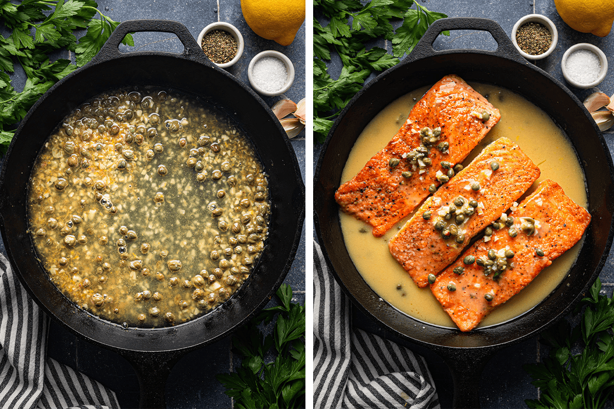 How to Make Salmon Piccata Adding white wine, lemon zest and lemon juice to the garlic and capers in a cast iron skillet; then adding back cooked salmon fillets to the skillet.