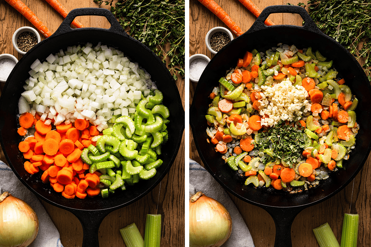 How to Make Puff Pastry Chicken Pot Pie Cooking chopped onion, celery, and carrots with butter in a cast iron skillet; then adding chopped garlic and thyme.