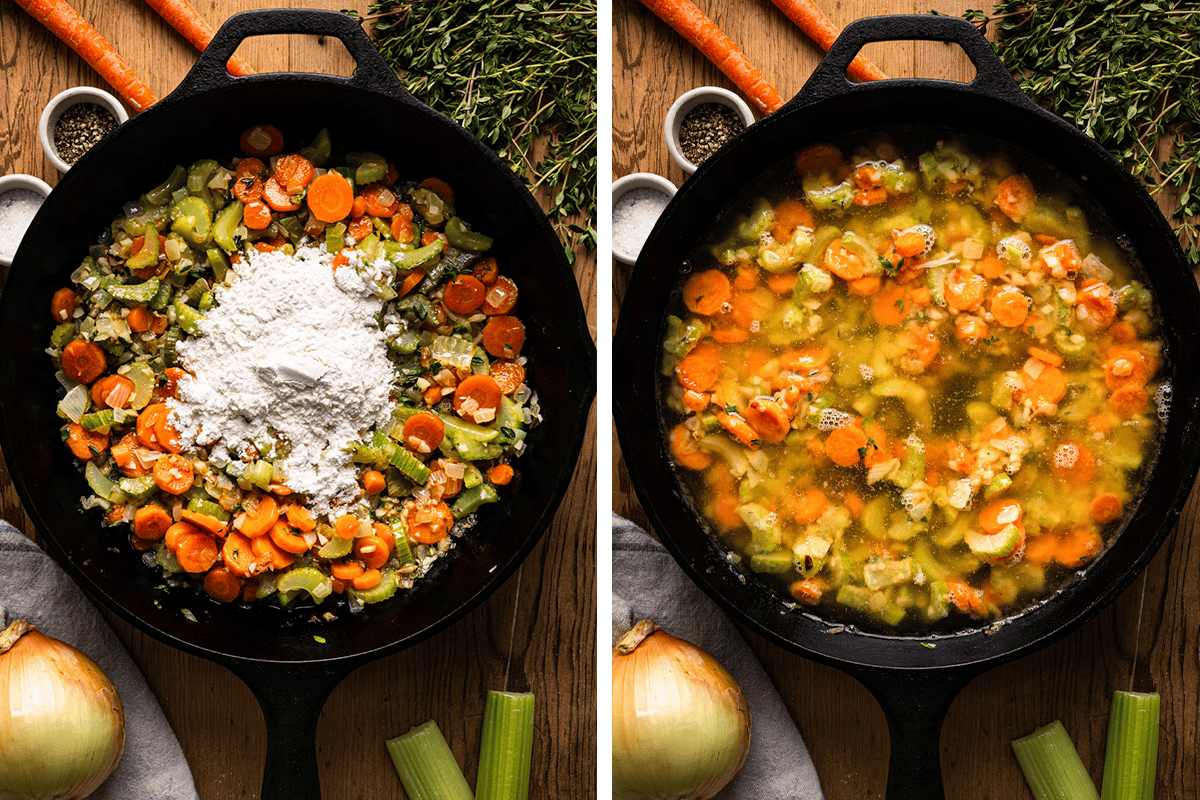 How to Make Puff Pastry Chicken Pot Pie Adding flour to the veggies, then adding chicken broth to the cast iron skillet.