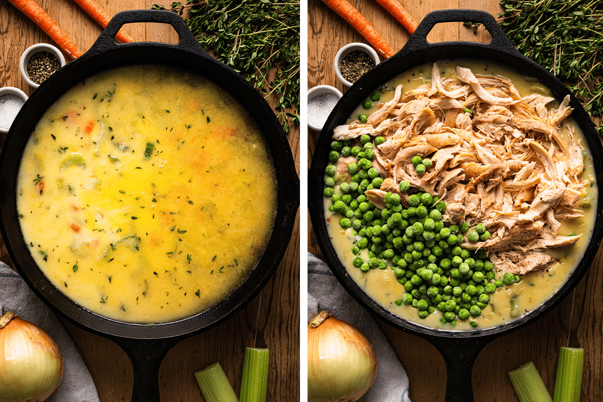 How to Make Puff Pastry Chicken Pot Pie Adding milk to the gravy and veggies in a skillet; then adding shredded rotisserie chicken and frozen peas to the cast iron skillet.