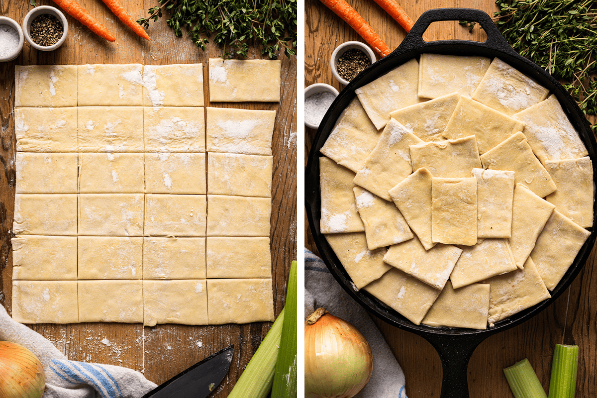 How to Make Puff Pastry Chicken Pot Pie Rolling puff pastry on a lightly floured surface and cutting it into 24 squares; then arranging those squares on top of the chicken pot pie in a cast iron skillet.