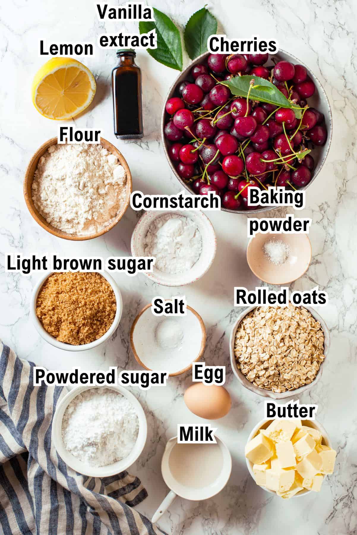 The Ingredients for Cherry Pie Bars This photo shows all the ingredients needed to make Cherry Pie Bars (with labels).