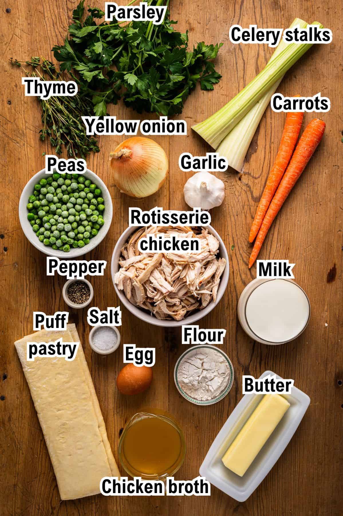 The Ingredients for Puff Pastry Chicken Pot Pie This photo shows all the ingredients (labeled) for Puff Pastry Chicken Pot Pie.