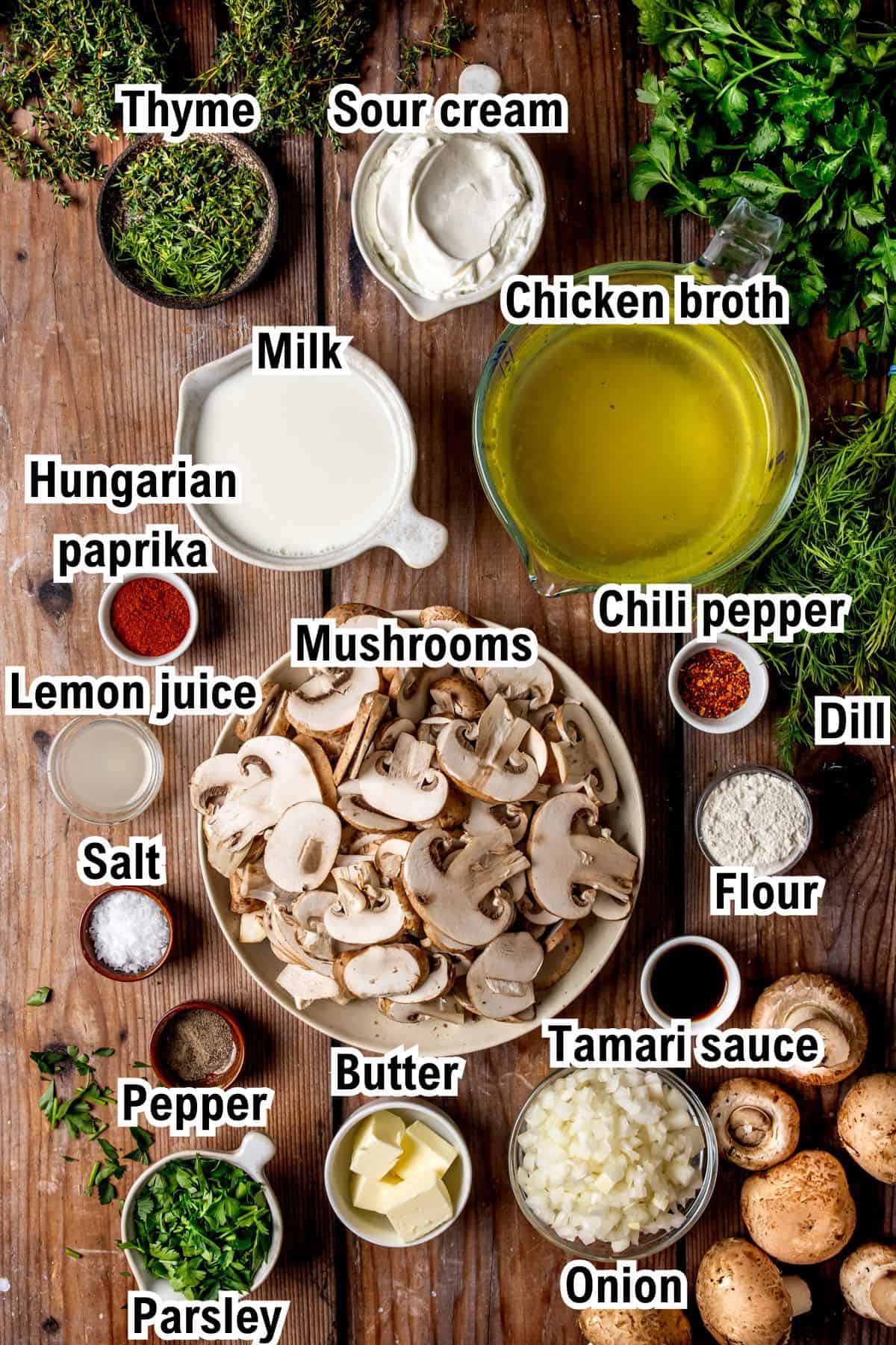 The Ingredients for Hungarian Mushroom Soup This photo shows all the ingredients (labeled) for Hungarian Mushroom Soup.