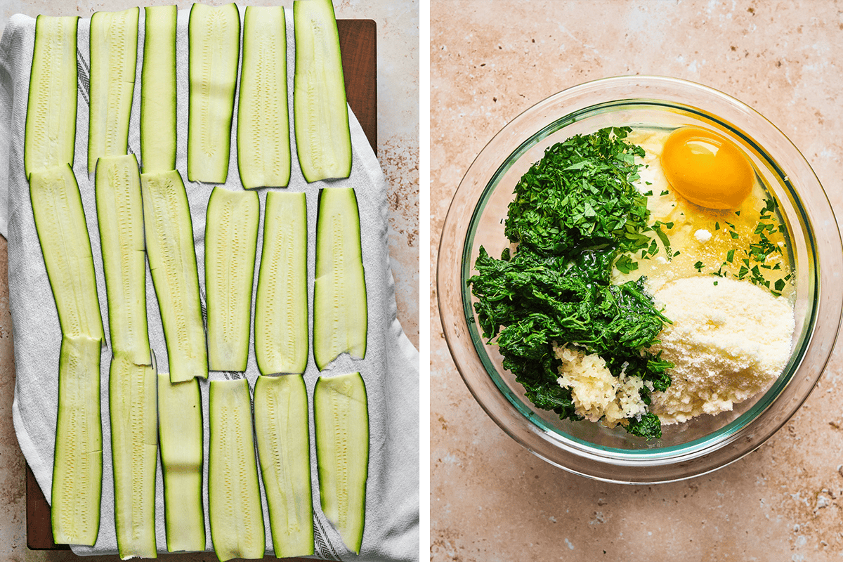 Zucchini Rollatini (Step-by-Step Photos) On the left, sliced zucchini laid out on a towel. On the right, a glass bowl with an egg, chopped parsley, chopped spinach, grated cheese, and ricotta cheese on a beige surface.