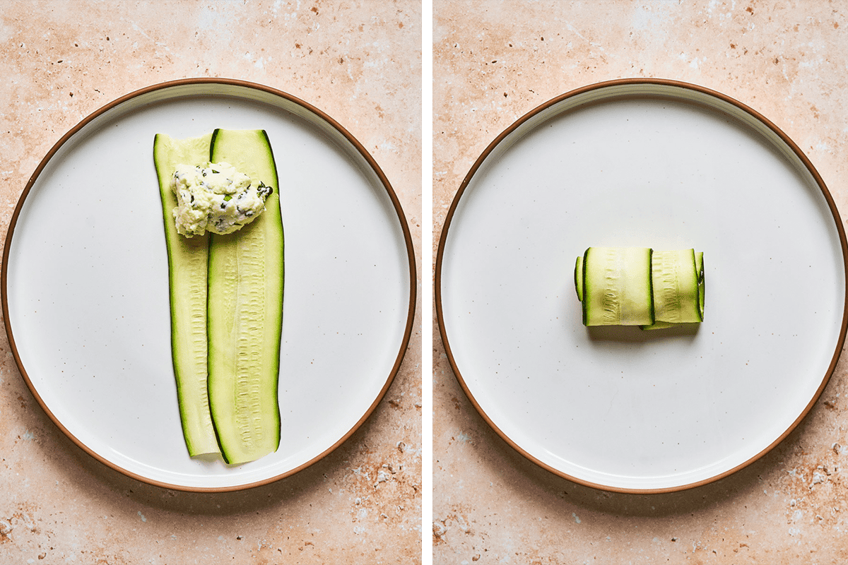Zucchini Rollatini (Step-by-Step Photos) Two images: Left, zucchini strips with a dollop of ricotta filling on a white plate. Right, the zucchini strips are rolled up with the filling inside, forming a neat, compact roll on the same plate.