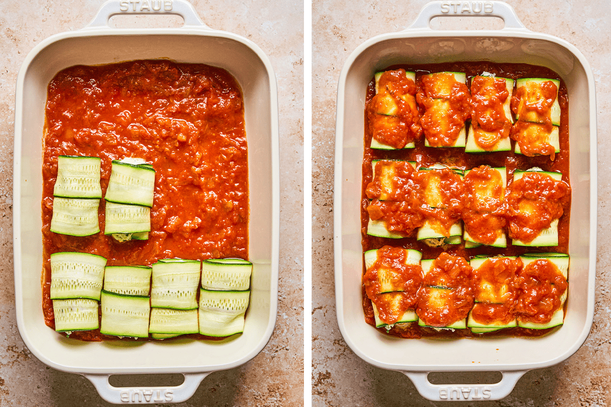 Zucchini Rollatini (Step-by-Step Photos) Two images show a baking dish with zucchini roll-ups. The left side has half the rolls in tomato sauce. The right side shows all rolls covered in sauce, ready to bake.