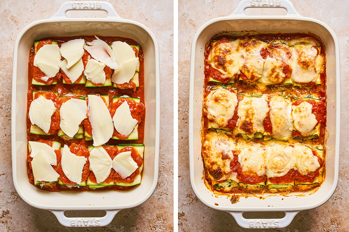 Zucchini Rollatini (Step-by-Step Photos) Side-by-side images show a casserole dish of Zucchini Rollatini: the left image is before baking with raw cheese and sauce, and the right image is after baking with melted, browned cheese on top.