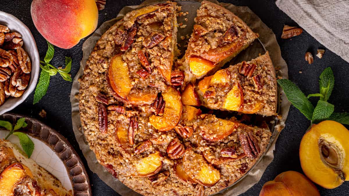 Peach Coffee Cake of Your Dreams! Peach Coffee Cake topped with Pecan Streusel and Peach Slices.