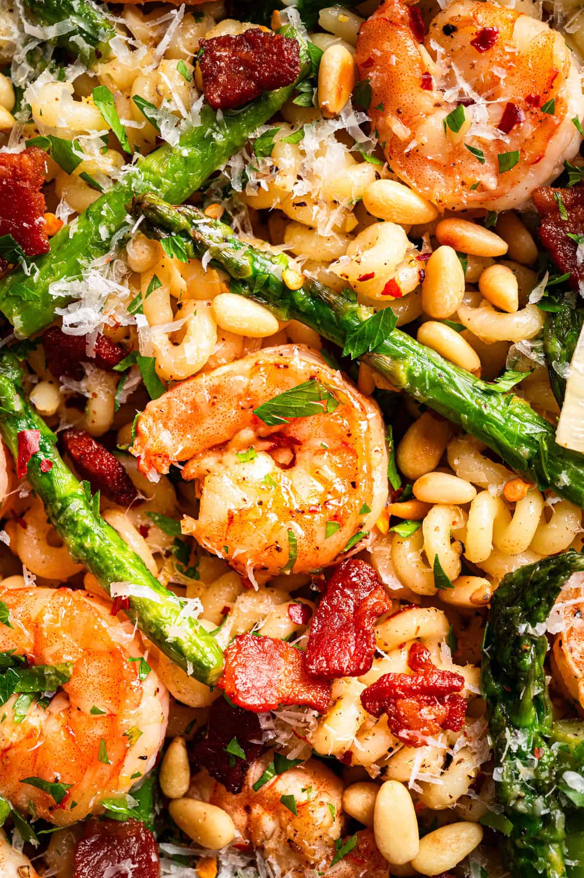 Shrimp Asparagus Pasta with Bacon, Parmesan, and Pine Nuts Shrimp Asparagus Pasta with Bacon, Parmesan, and Pine Nuts (close-up).