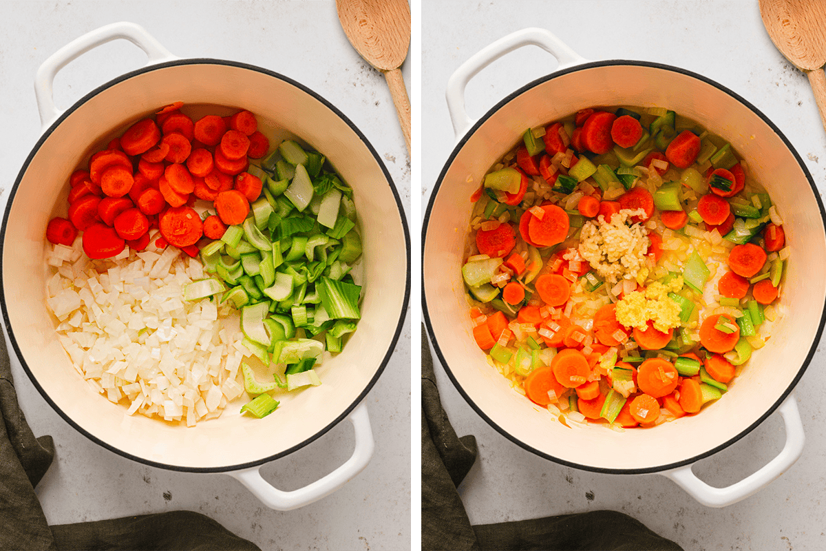 How to Make Asian Chicken and Rice Soup adding chopped onion, carrot, and the white portions of the bok choy into a large pot, then cooking the veggies and adding minced garlic and ginger.