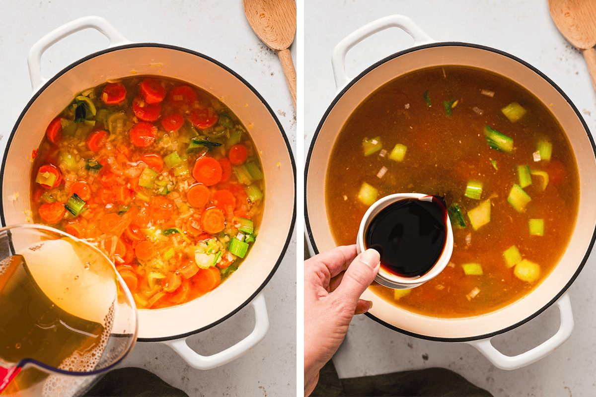 How to Make Asian Chicken and Rice Soup Adding the chicken broth to the veggies, then adding soy sauce to the soup pot.
