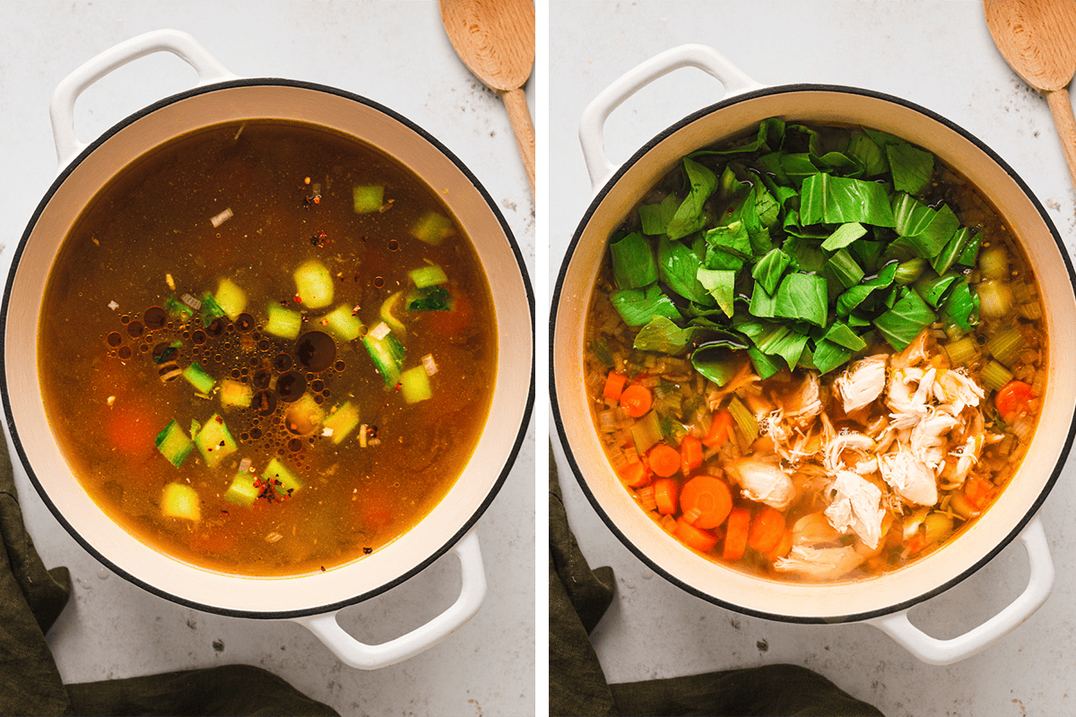 How to Make Asian Chicken and Rice Soup Adding the shredded chicken and the tops of the bok choy to the soup pot.