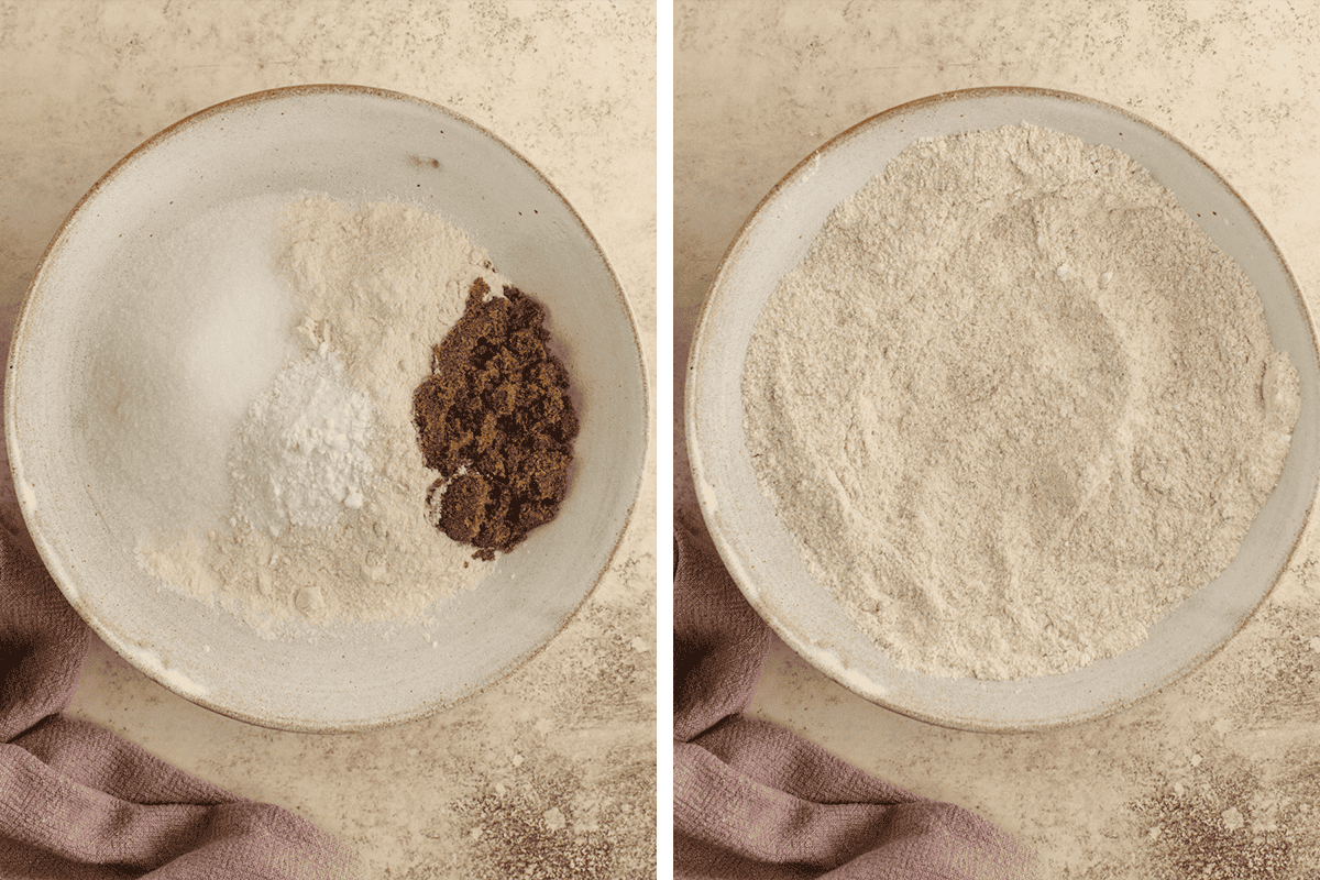 Whisking together the flour, both sugars, baking powder, baking soda, and salt in a large bowl.