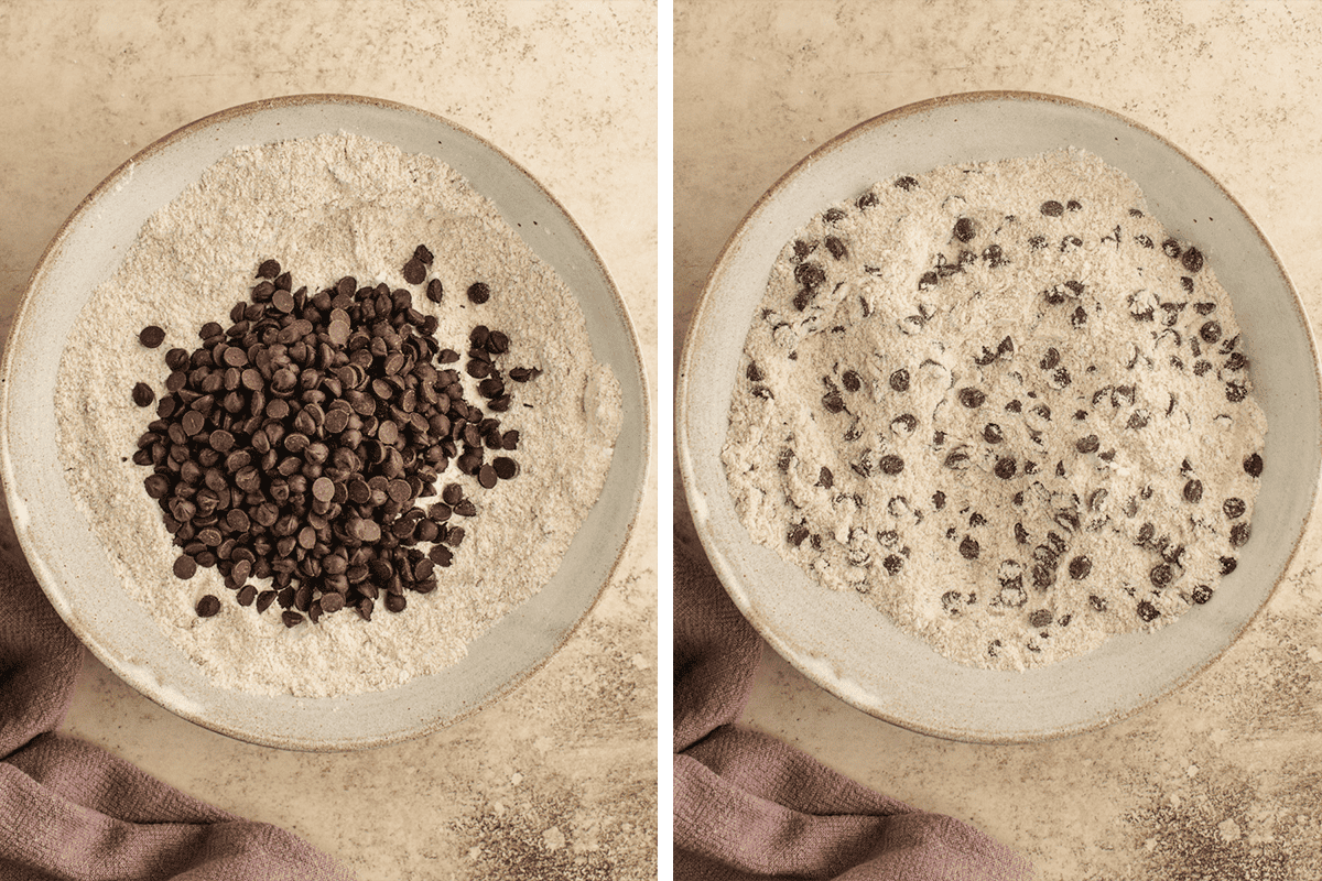 Stirring in the chocolate chips to the dry ingredients. 