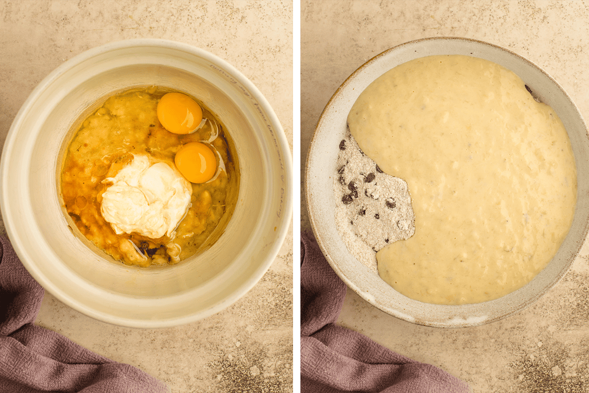 Whisking the mashed bananas with the oil, eggs, vanilla, and Greek yogurt until smooth in a separate bowl; then folding the wet mixture into the dry just until combined.