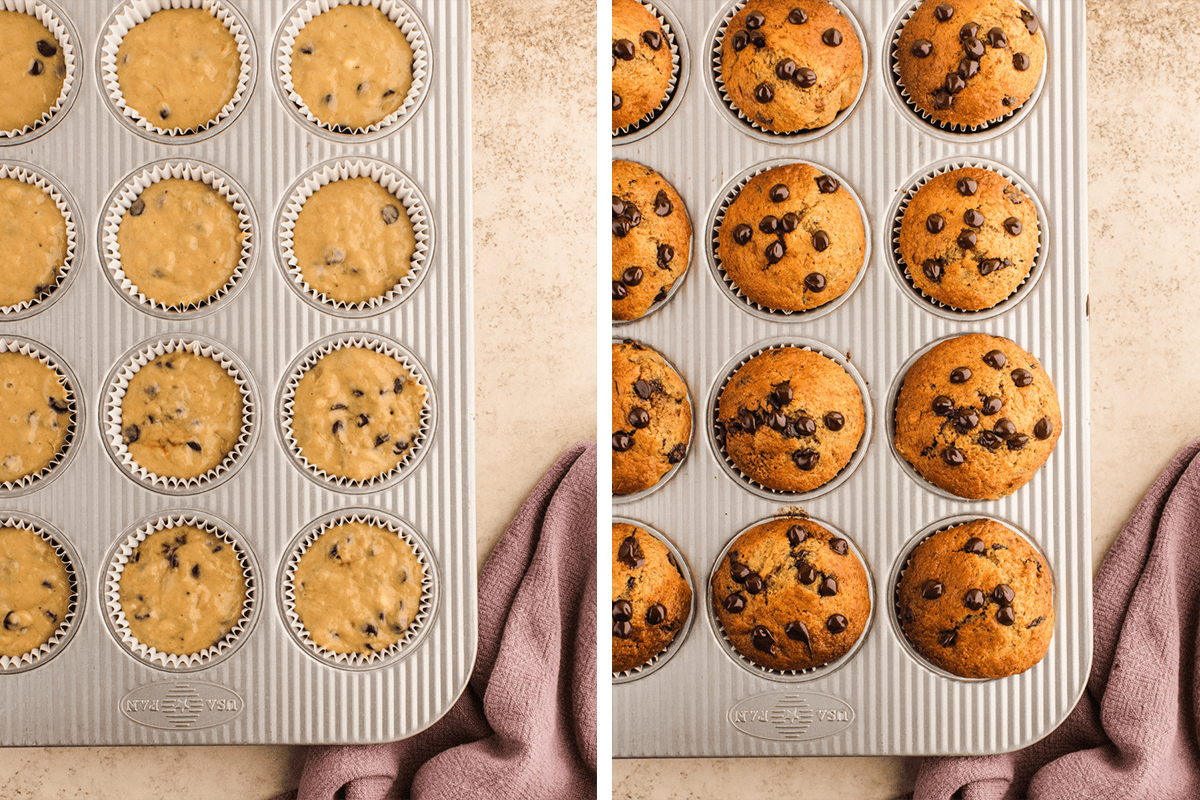 Filling the muffins cups (with liners) to the very top; then baking until golden.