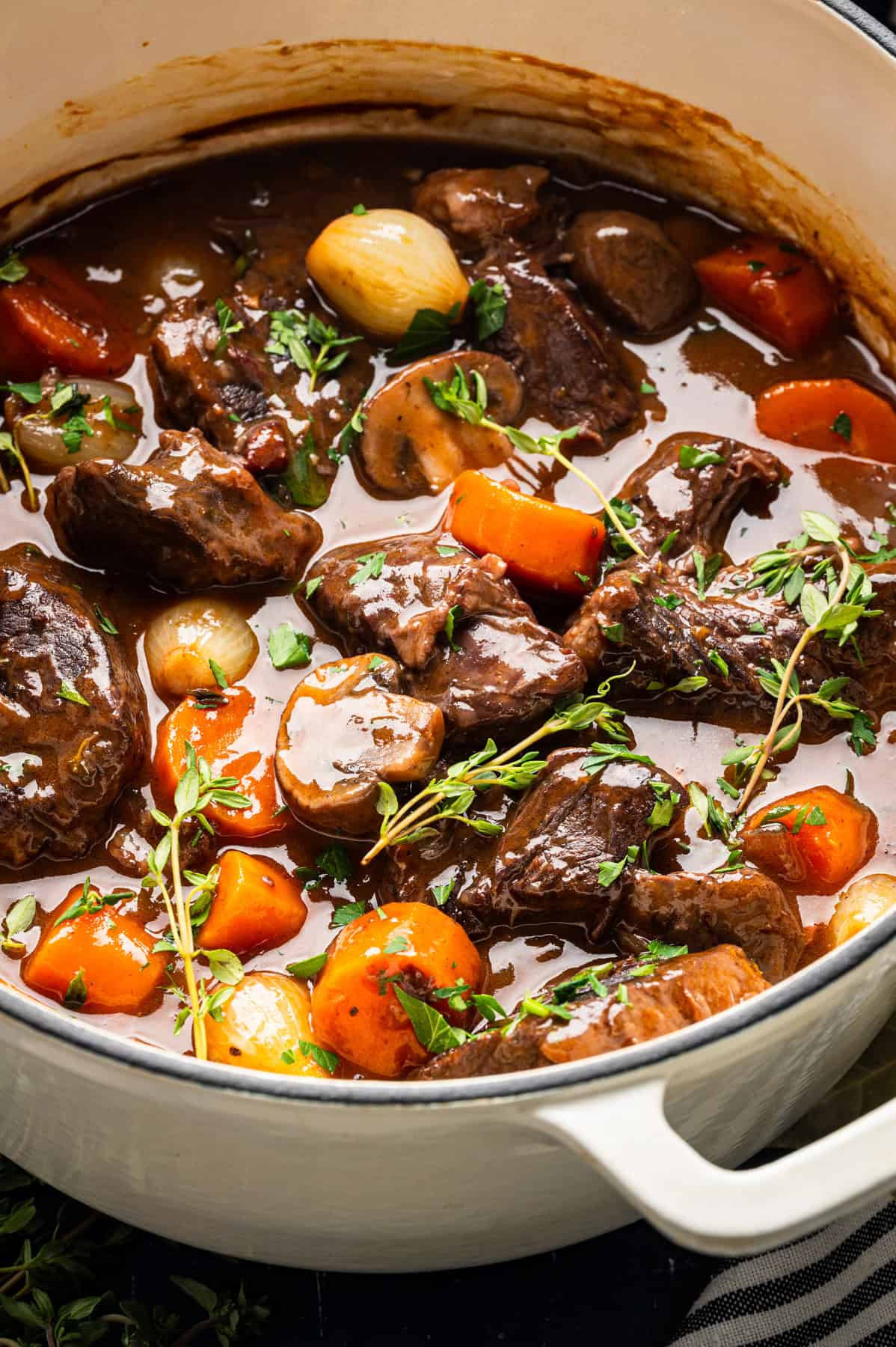 Beef Bourguignon in a white Dutch oven.