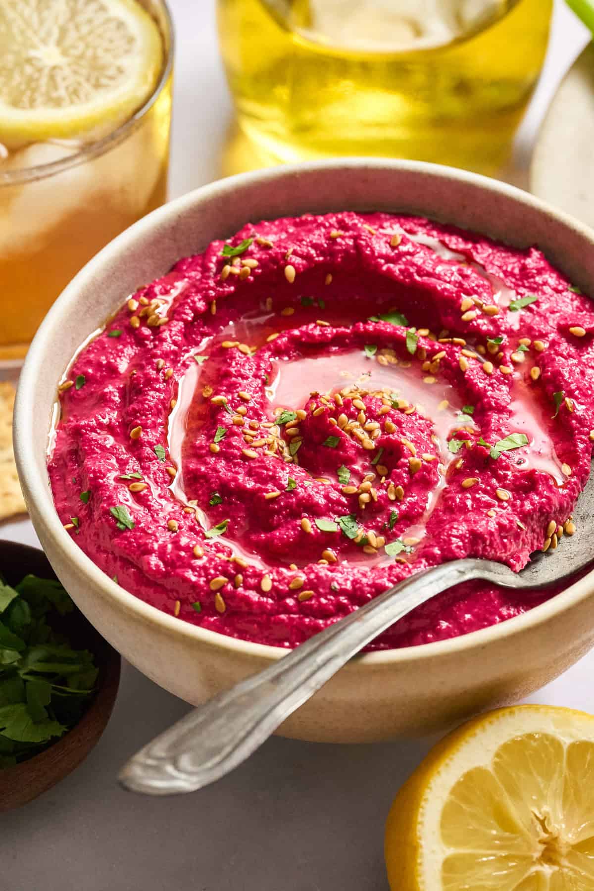 Beet Hummus in a bowl.