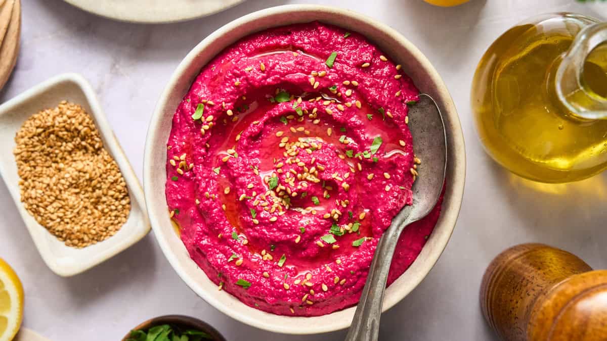 Beet Hummus in a bowl.