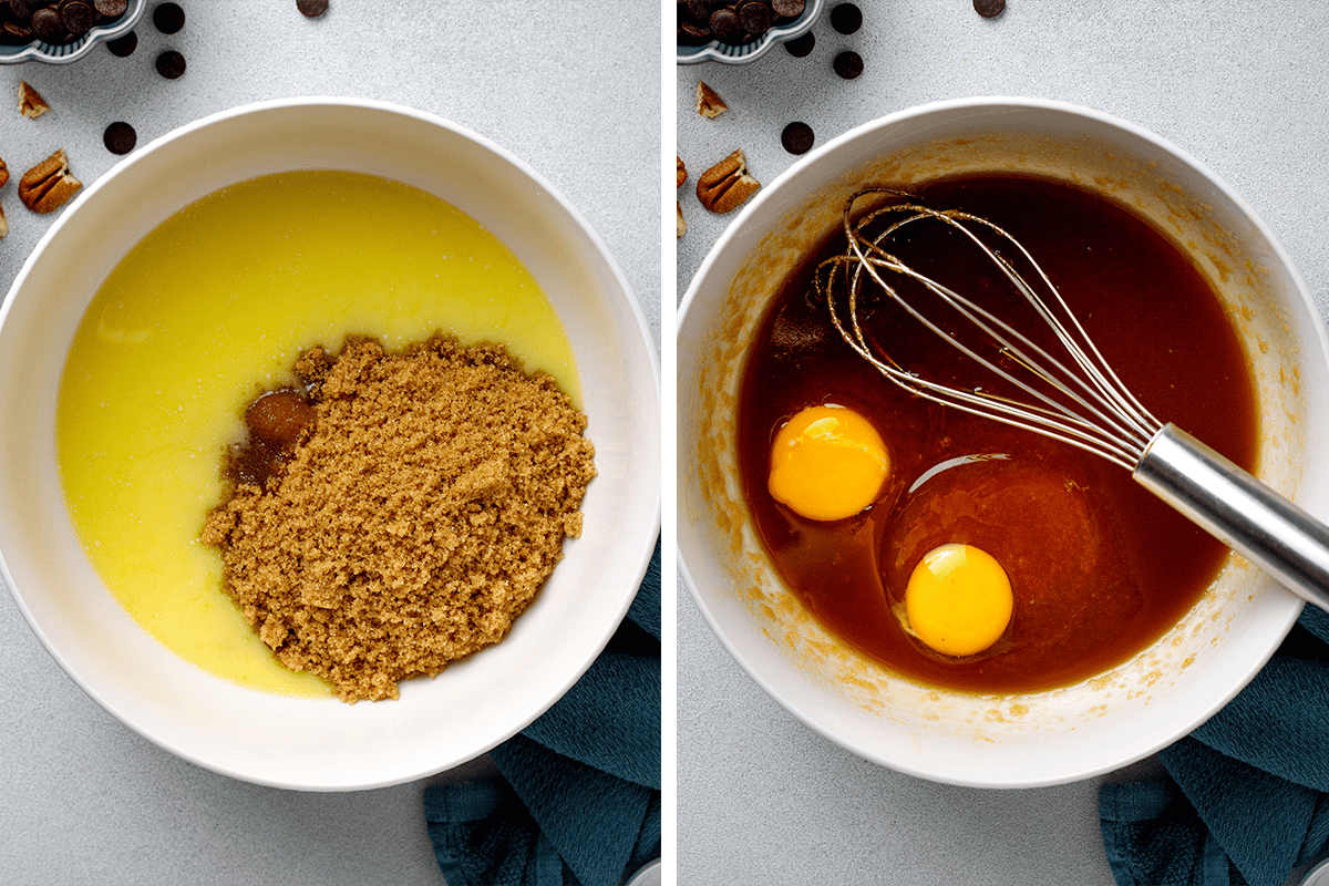 How to Make Blondies (Step-by-Step Photos) Two bowls side by side: one with melted butter and brown sugar, the other with the mixture whisked together and two eggs added, ready to be mixed. A whisk and baking ingredients are visible around the bowls.