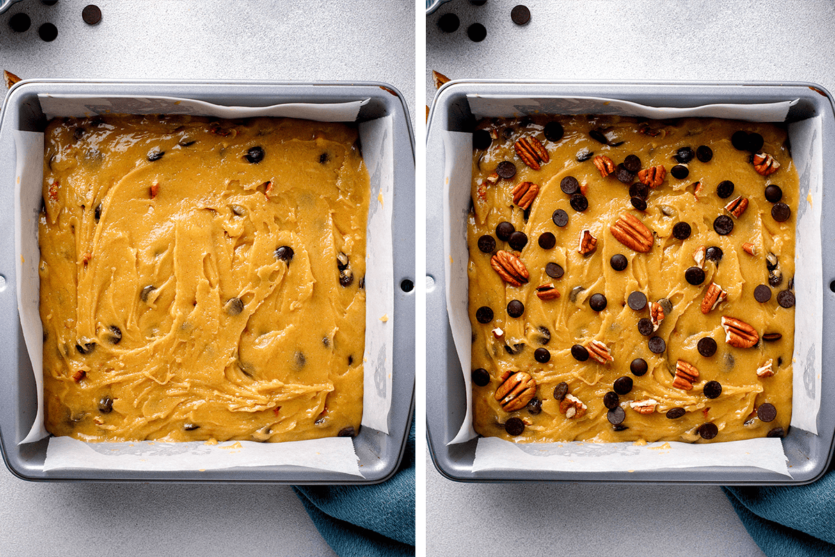 How to Make Blondies (Step-by-Step Photos) Side-by-side images of a baking pan with cookie dough. The left shows smooth dough with chocolate chips; the right has the same dough topped with extra chocolate chips and pecan halves, ready to bake.