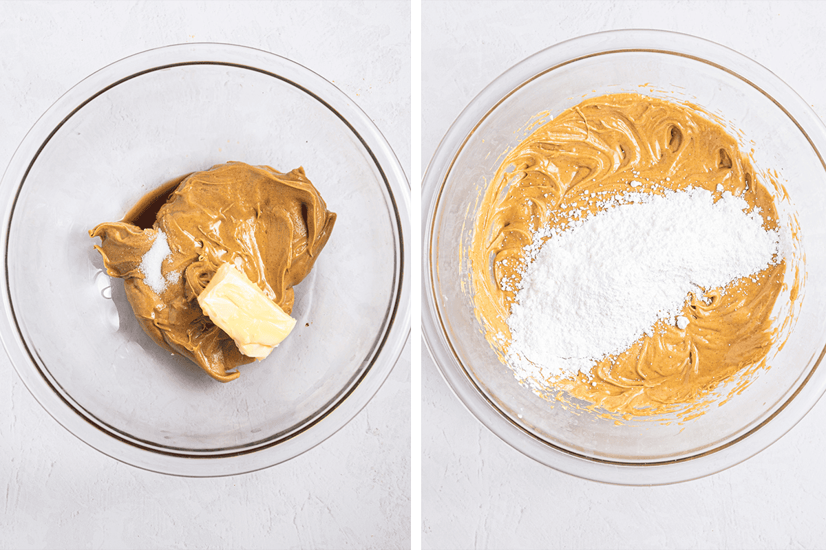 Two glass bowls on a white surface. The left bowl contains peanut butter and a stick of butter. The right bowl shows the mixture creamed together with powdered sugar added on top, ready to be mixed in.