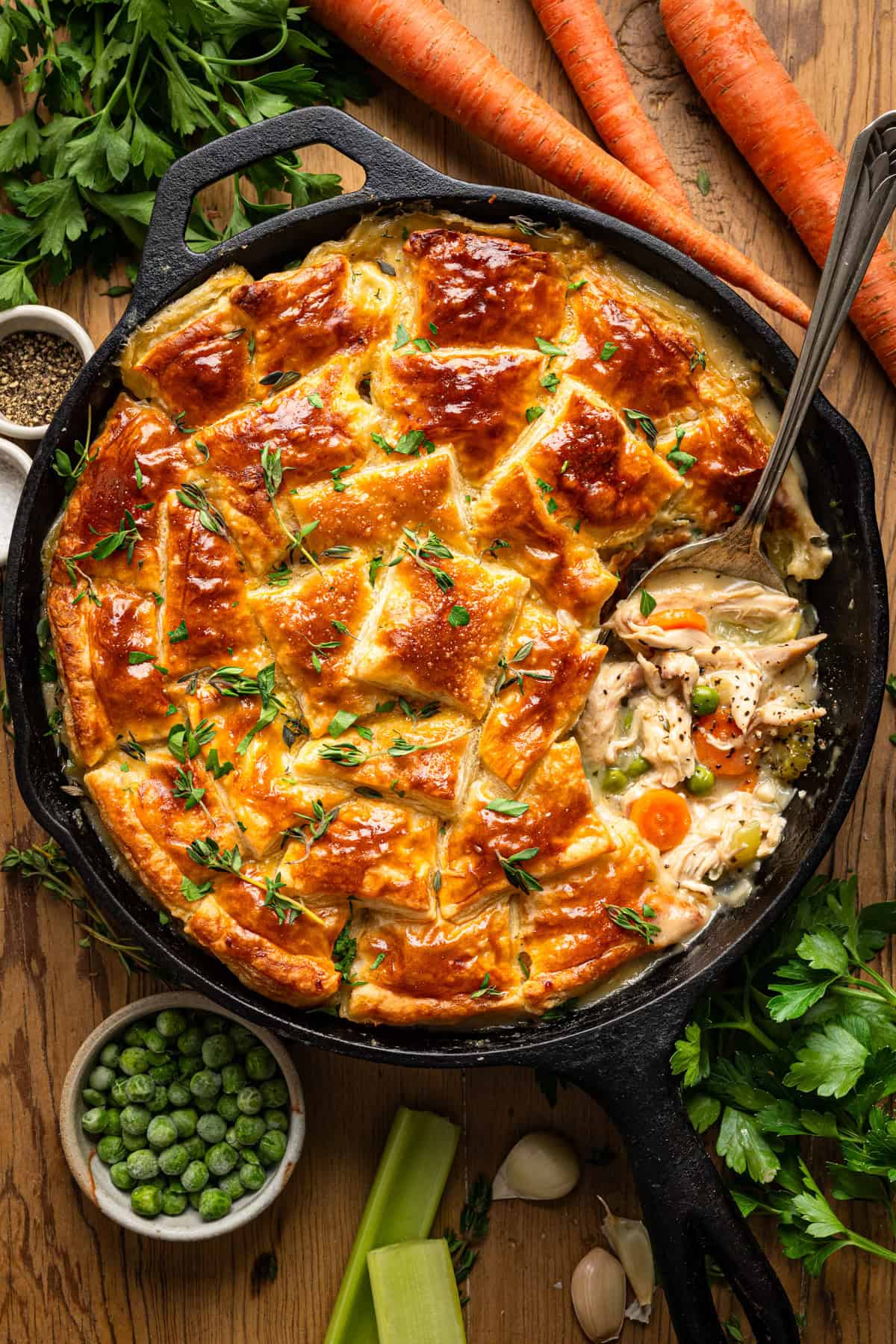 Puff Pastry Chicken Pot Pie Puff Pastry Chicken Pot Pie in a cast iron skillet.