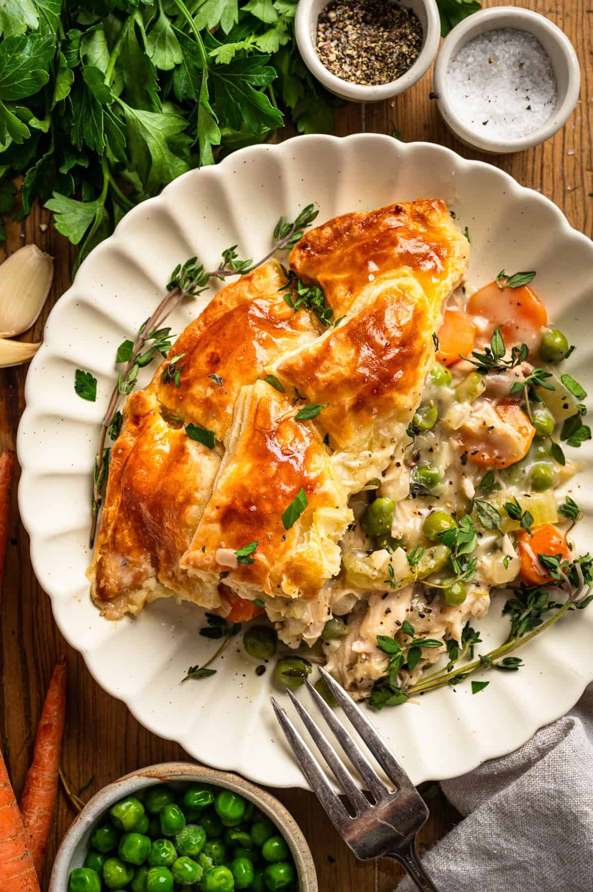Puff Pastry Chicken Pot Pie Puff Pastry Chicken Pot Pie on a white plate.