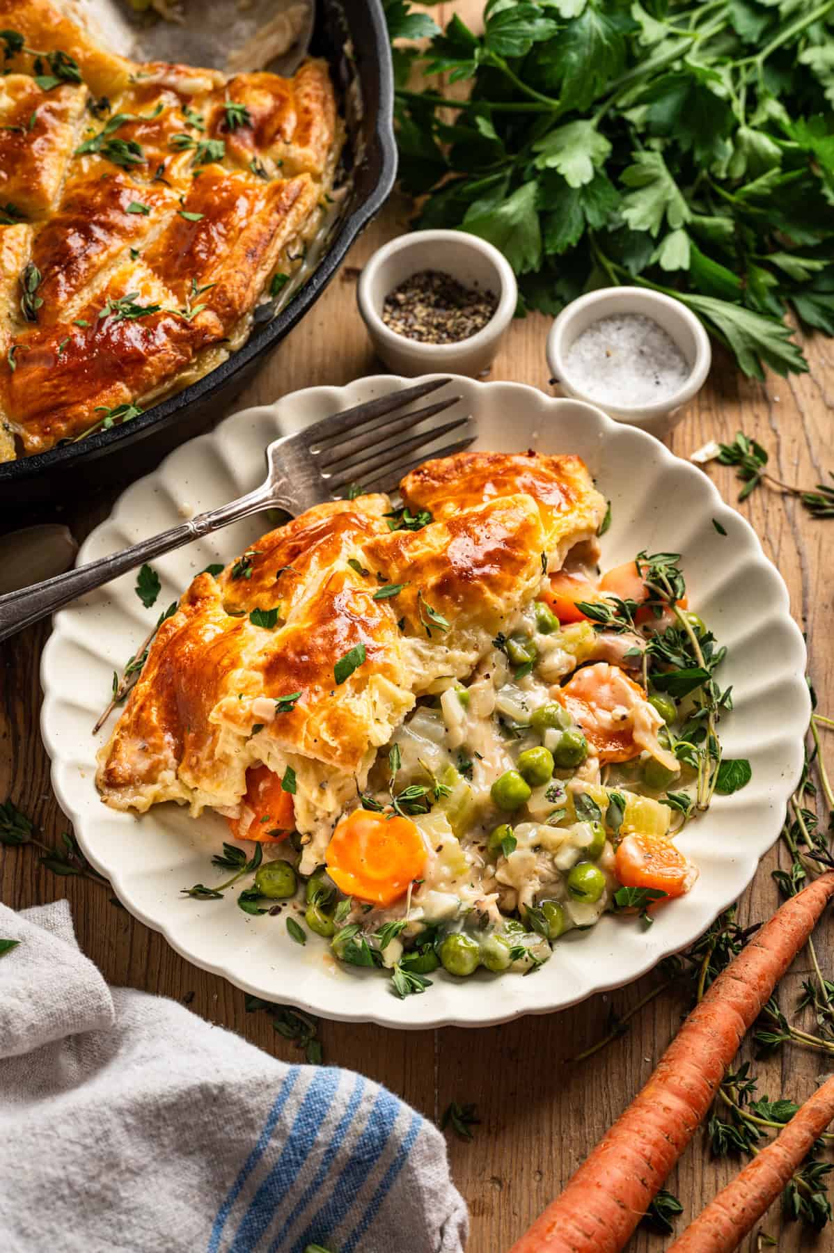 Puff Pastry Chicken Pot Pie Puff Pastry Chicken Pot Pie on a white plate.