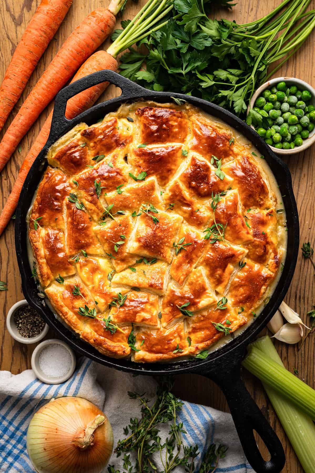 Puff Pastry Chicken Pot Pie in a cast iron skillet.