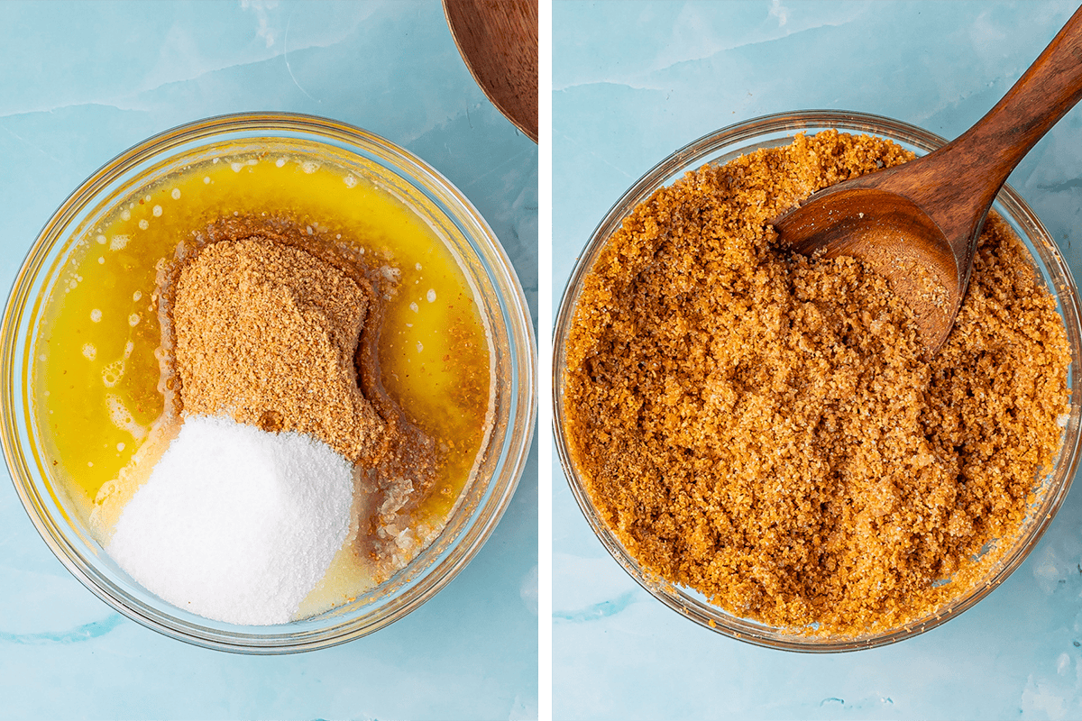 Two side-by-side images show a glass bowl with melted butter, sugar, and graham cracker crumbs (left), and the same ingredients mixed together with a wooden spoon (right) on a light blue surface.