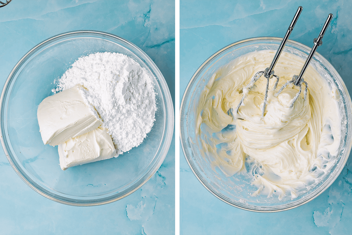 Two side-by-side images: on the left, a glass bowl with cream cheese and powdered sugar; on the right, the mixture is blended smooth and creamy with a hand mixer, both set on a blue background.