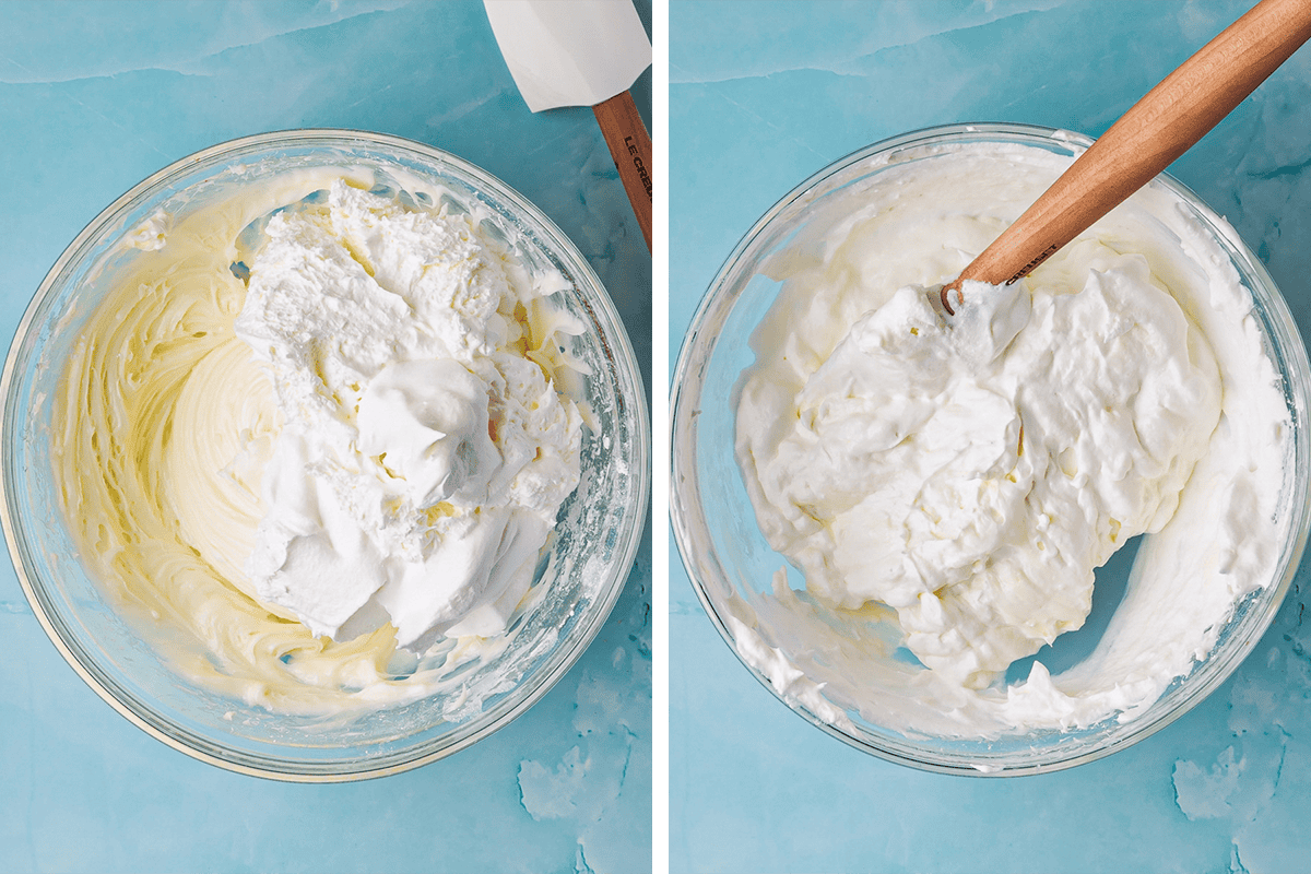 Side-by-side images show a glass bowl with cream cheese mixture and whipped cream being folded together using a spatula on a blue surface. The left bowl is unmixed, while the right bowl is partially combined.