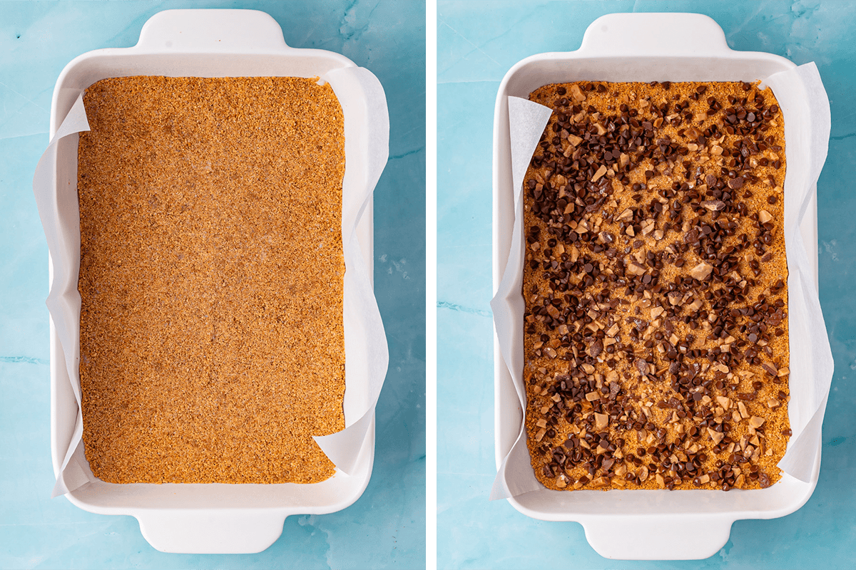 Split image showing two baking dishes on a blue surface. The left dish contains a pressed graham cracker crust; the right dish shows the crust topped with chocolate chips and toffee bits.