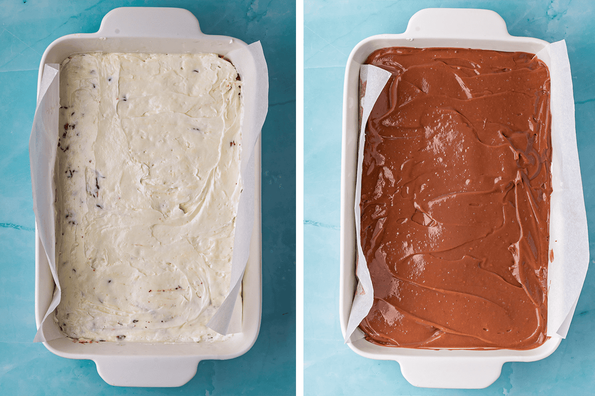 Side-by-side image of a baking dish with cream cheese mixture on top of the crust on the left and chocolate pudding mixture on the right, both lined with parchment paper and spread evenly.