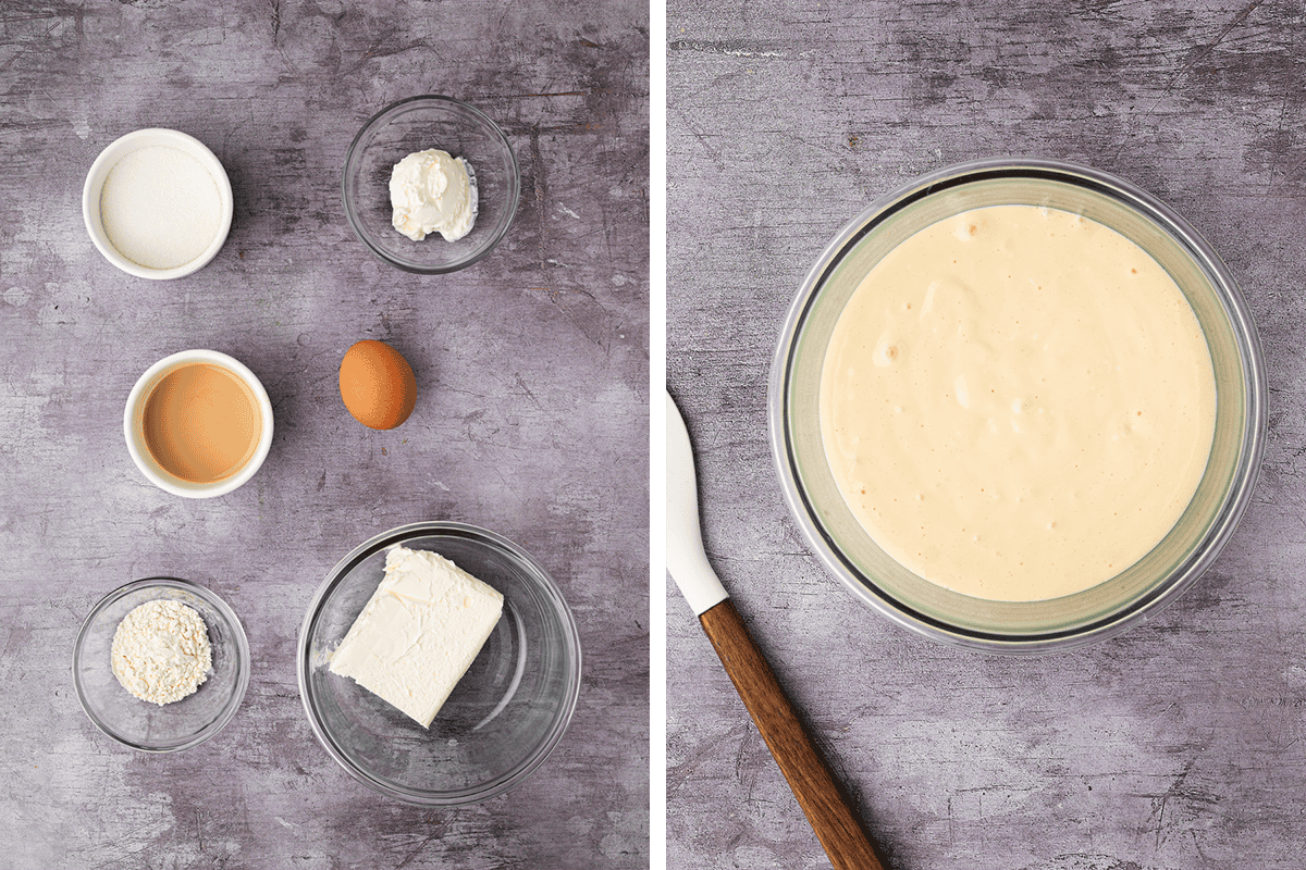 Overhead view of cheesecake filling ingredients-cream cheese, sugar, the egg, Irish cream, sour cream, and flour-arranged in bowls on the left; on the right is a bowl of smooth, mixed cheesecake filling with a spatula beside it, all on a gray surface.