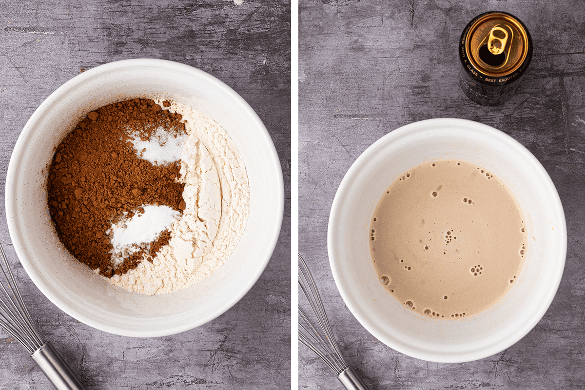 The dry ingredients (the flour, cocoa powder, baking soda, and salt) in one bowl on the left. Guinness mixture (Guinness, buttermilk, sour cream, and vanilla) in a bowl on the right.