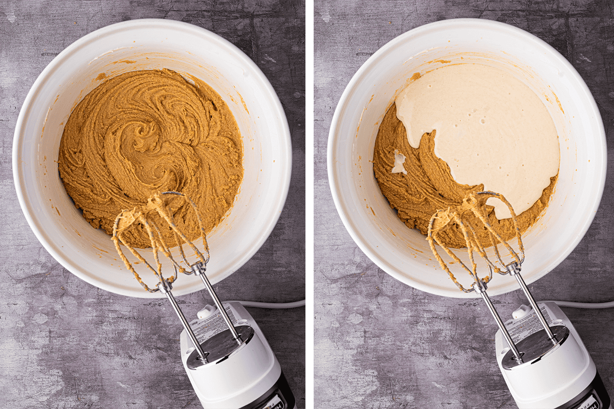 Two side-by-side images show a white mixing bowl with a hand mixer. Left: thick beige batter is being mixed. Right: a lighter liquid ingredient is poured onto the batter, ready to be mixed in.